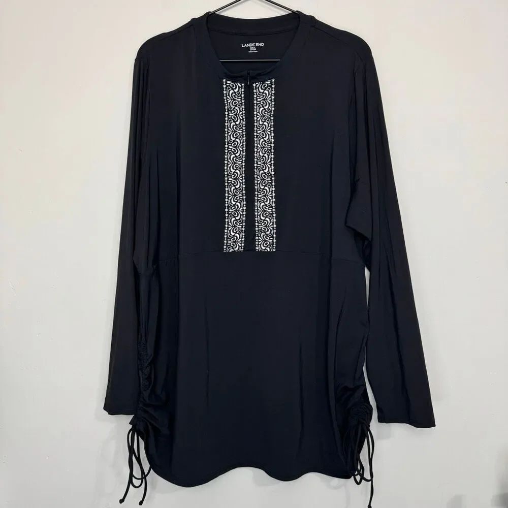 Lands End Black Embroidered Half Zip Rash Guard 2X Long